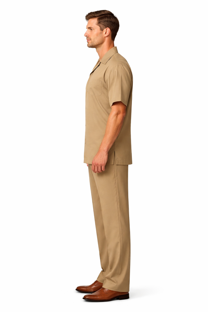 5 Buttons Short Sleeve Tan Casual Two Piece Walking Outfit For Sale Pant Sets Shirt With Pant Set