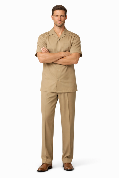 5 Buttons Short Sleeve Tan Casual Two Piece Walking Outfit For Sale Pant Sets Shirt With Pant Set