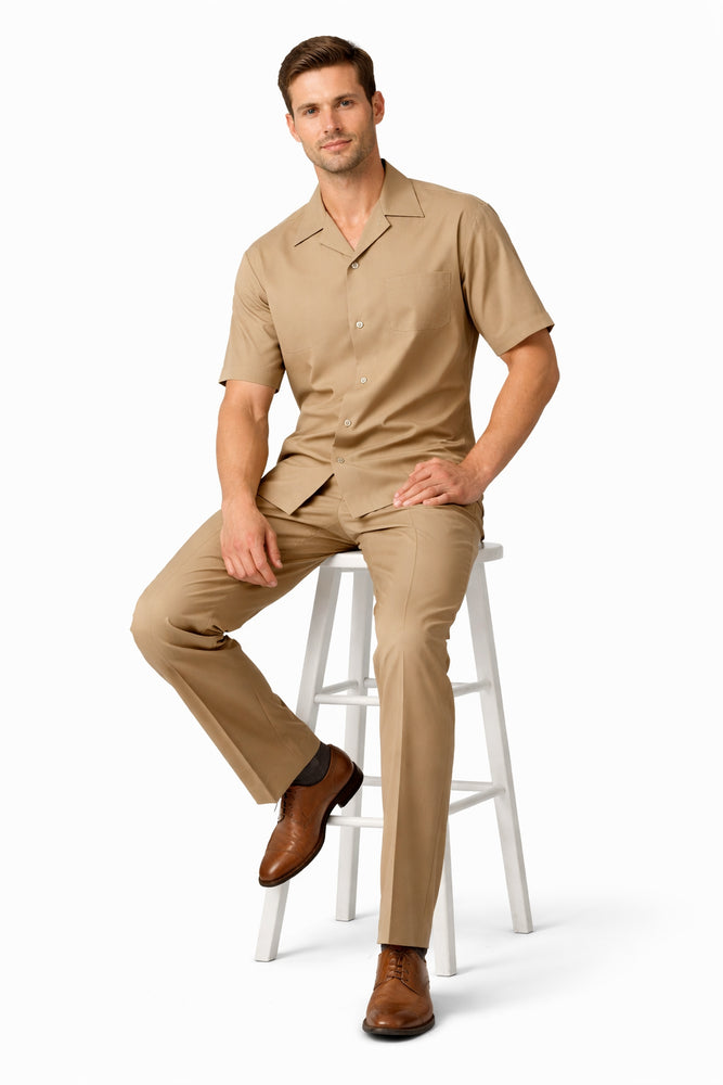 5 Buttons Short Sleeve Tan Casual Two Piece Walking Outfit For Sale Pant Sets Shirt With Pant Set