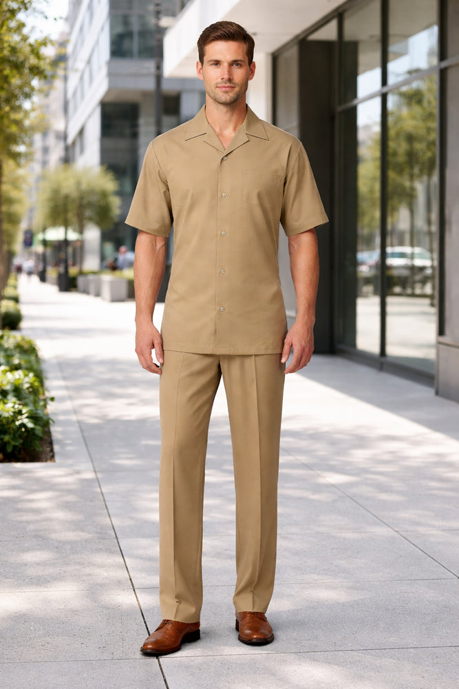 5 Buttons Short Sleeve Tan Casual Two Piece Walking Outfit For Sale Pant Sets Shirt With Pant Set