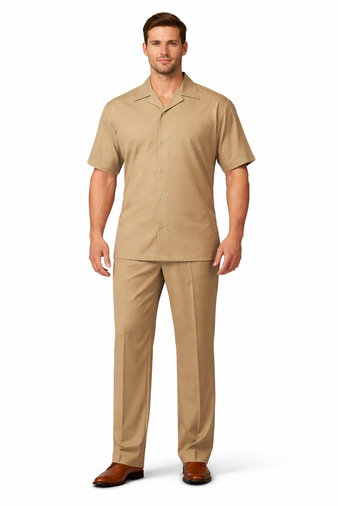 5 Buttons Short Sleeve Tan Casual Two Piece Walking Outfit For Sale Pant Sets Shirt With Pant Set