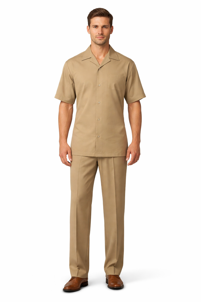 5 Buttons Short Sleeve Tan Casual Two Piece Walking Outfit For Sale Pant Sets Shirt With Pant Set