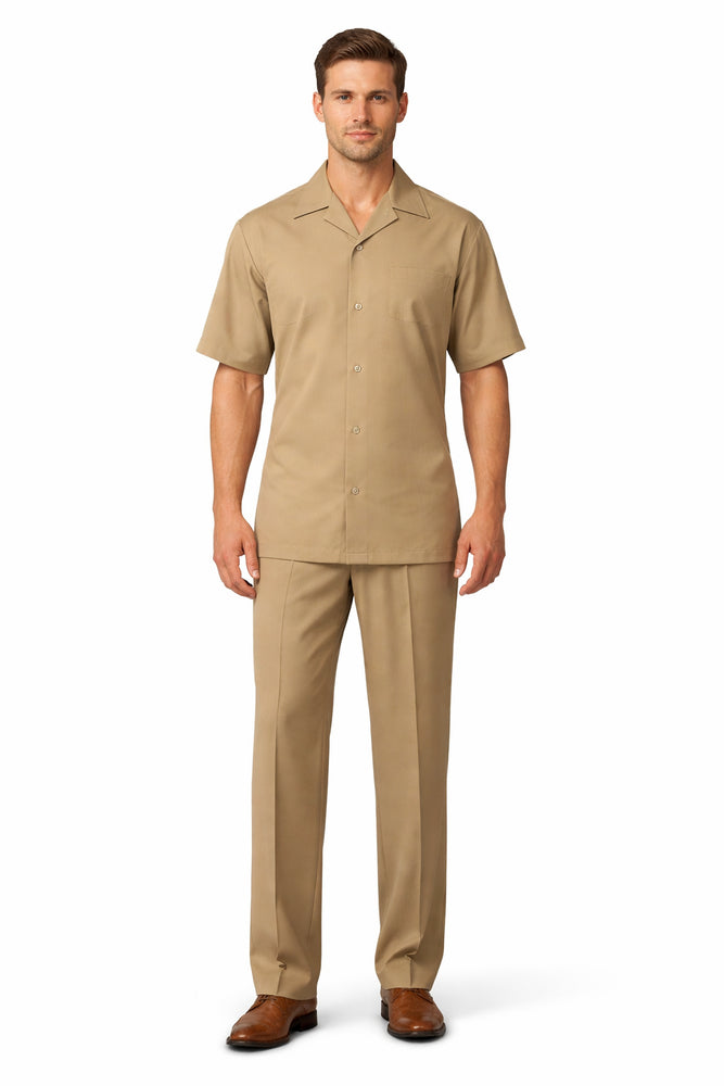 5 Buttons Short Sleeve Tan Casual Two Piece Walking Outfit For Sale Pant Sets Shirt With Pant Set