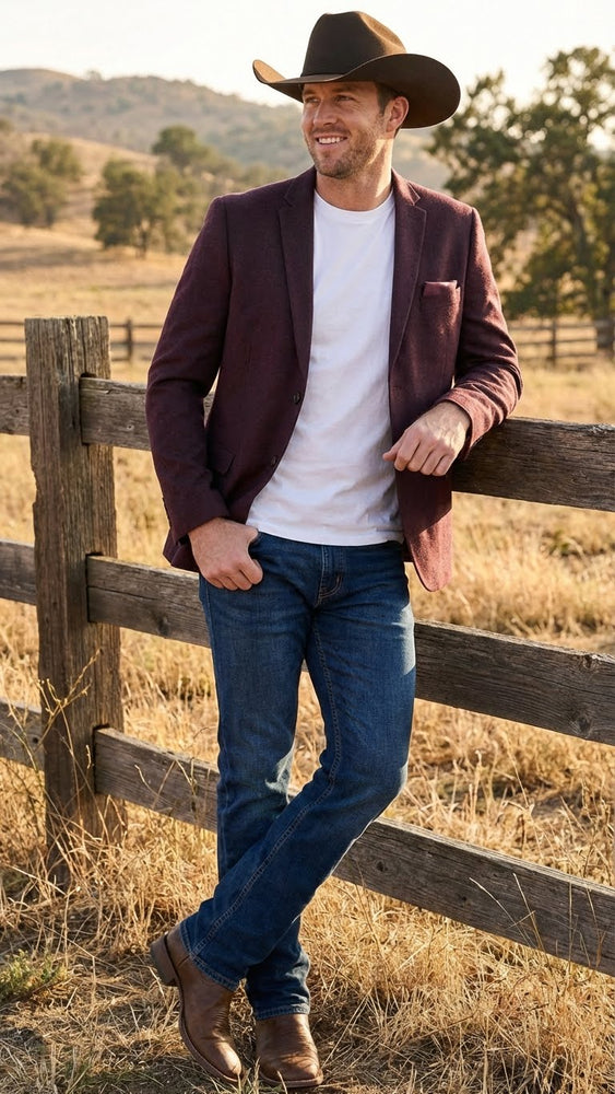 Men’s Burgundy Western  Blazer Jacket, Textured Cowboy Style Sport Coat for  - Tweed Herringbone Maroon Color