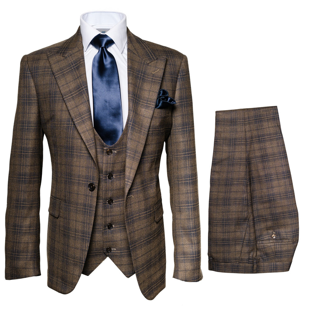 Mens Plaid Windowpane Business Suit Modern Fit Texturer Checker Peak Lapel By Rossiman in Color "Brown"