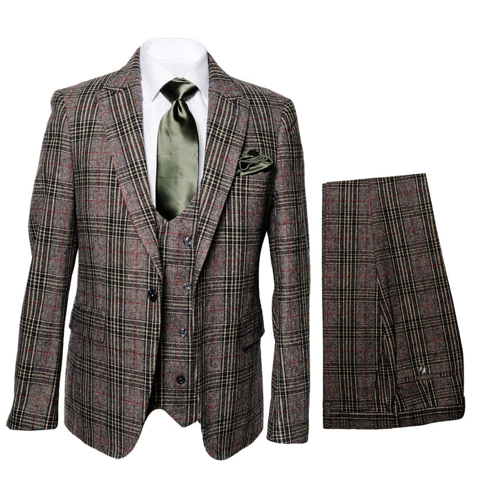 Mens Plaid Windowpane Business Suit Modern Fit Texturer Checker Peak Lapel By Rossiman in Color "Charcoal Grey"
