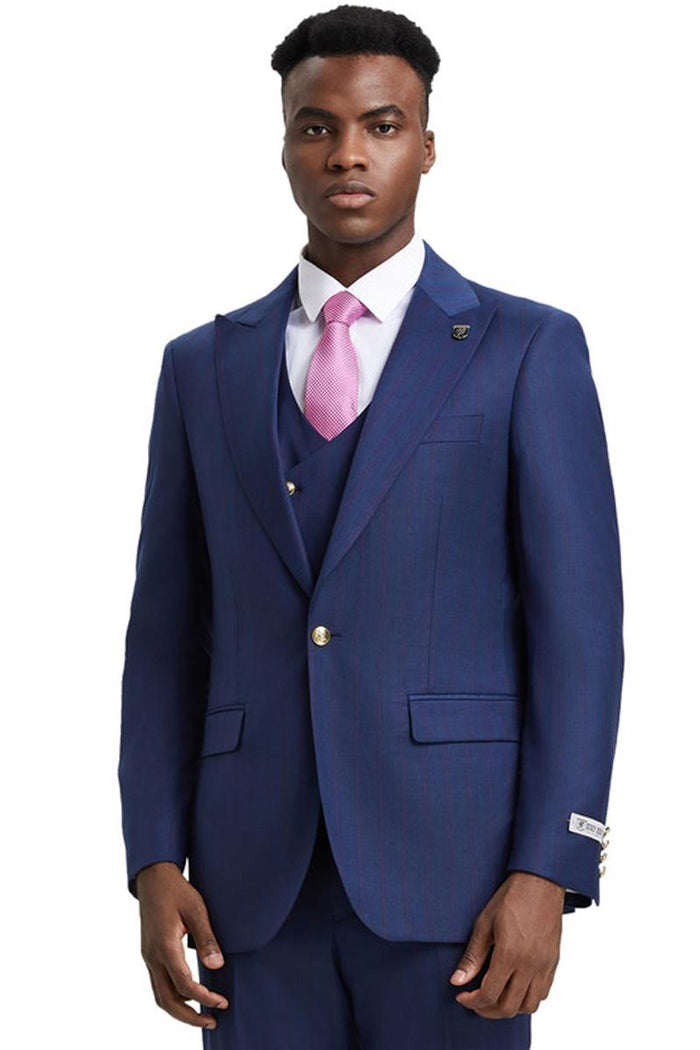 Blue Plaid Hybrid Fit Suit with Peak Lapel by Stacy Adams - Wedding - Prom