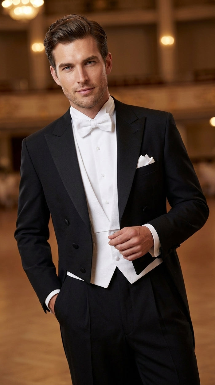 Men’s Black Victorian Tailcoat Tuxedo – 1800s 19th Century Edwardian Peak Lapel Formal Suit