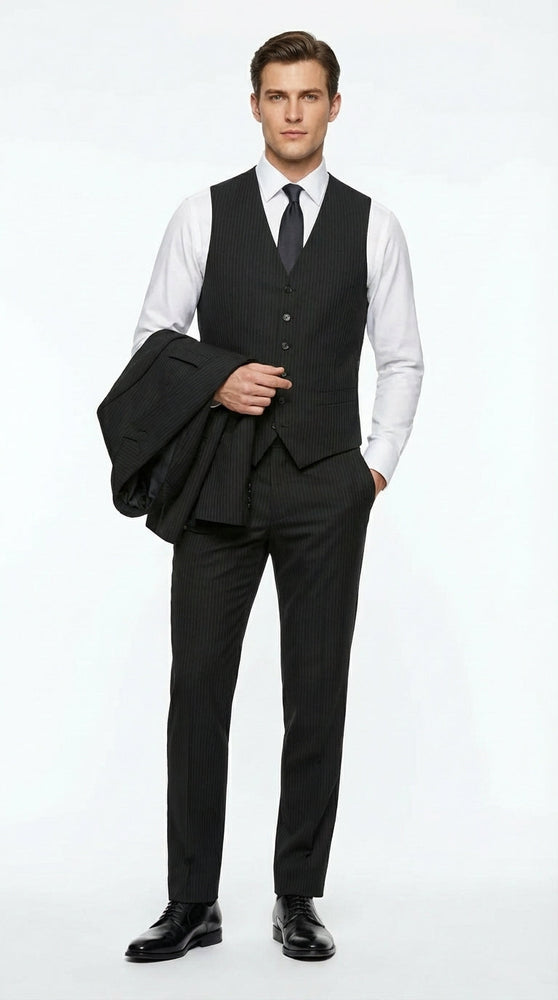 Vitali Mens Black Tone on Tone Shadow Stripe Vested Suit Set – 3 Piece Modern Fit Pinstripe Two Buttons