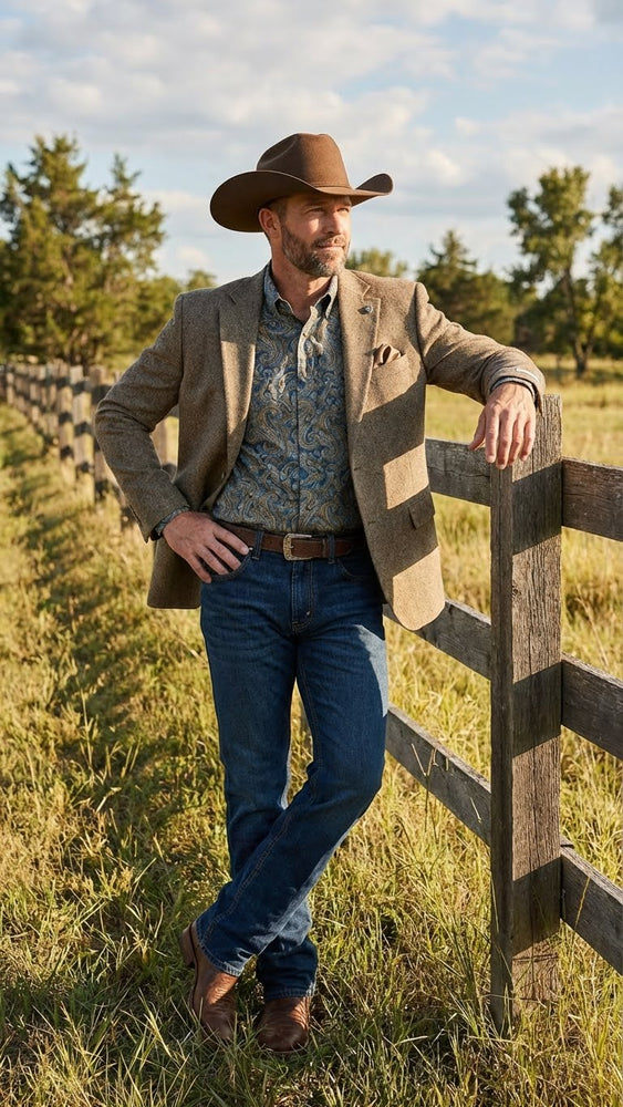 Men’s Brown Taupe Western Blazer Jacket – Classic Cowboy Style Sport Coat for Wedding