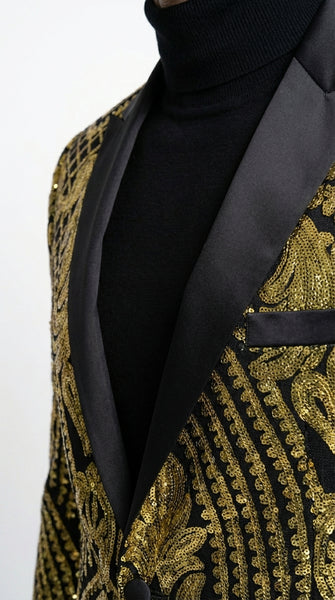 Mens Black and Gold Pattern Blazer – Gold Floral Luxury Formal Blazer Jacket for Prom, Wedding and Party Slim Fitted