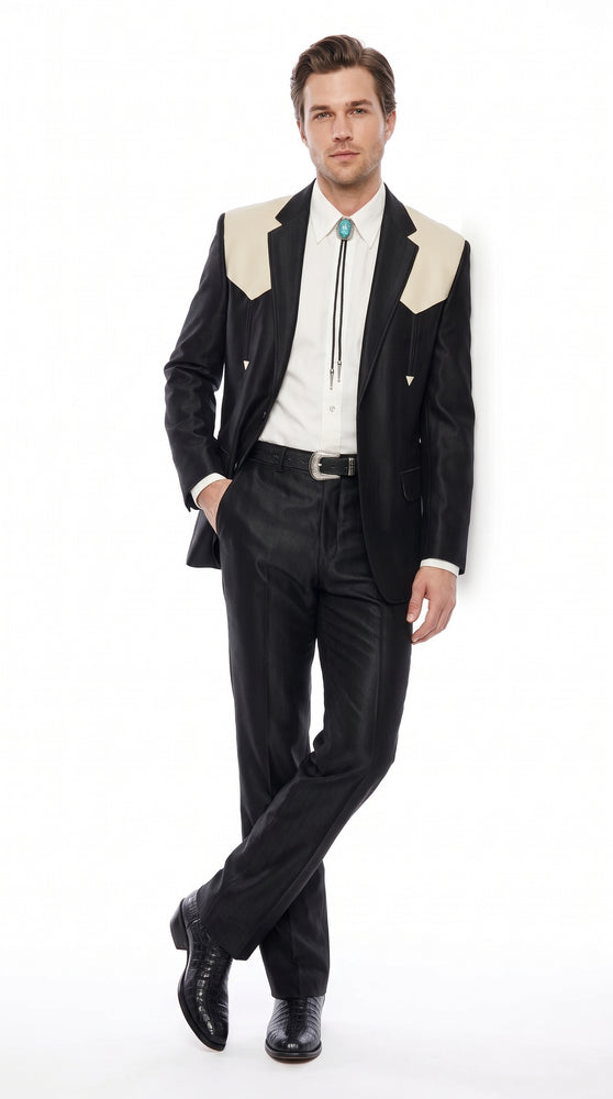 Men's Black Western Suit with White Shoulder Yoke – 2 Piece Cowboy Wedding Suit & Western Blazer with Matching Dress Pants