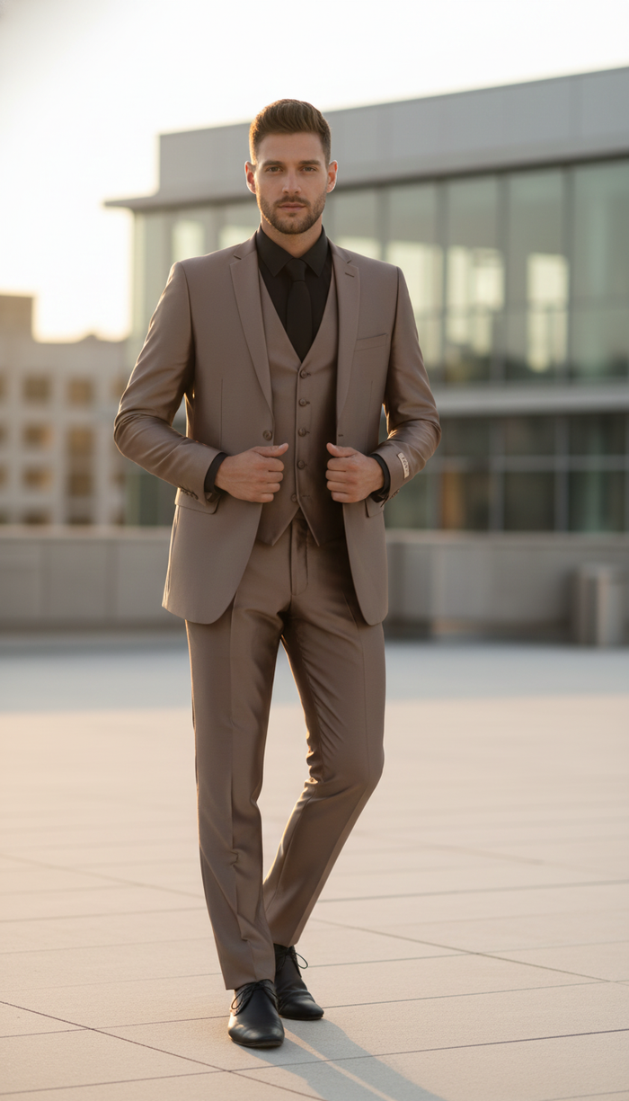 Men’s Sateen Shiny Metallic Mocca Taupe Gold Bronze 3-Piece Suit Set – Shiny Finish slim Fit Formal and Party Suit