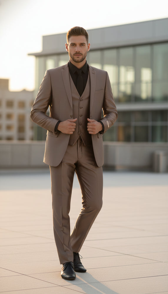 Men’s Sateen Shiny Metallic Mocca Taupe Gold Bronze 3-Piece Suit Set – Shiny Finish slim Fit Formal and Party Suit