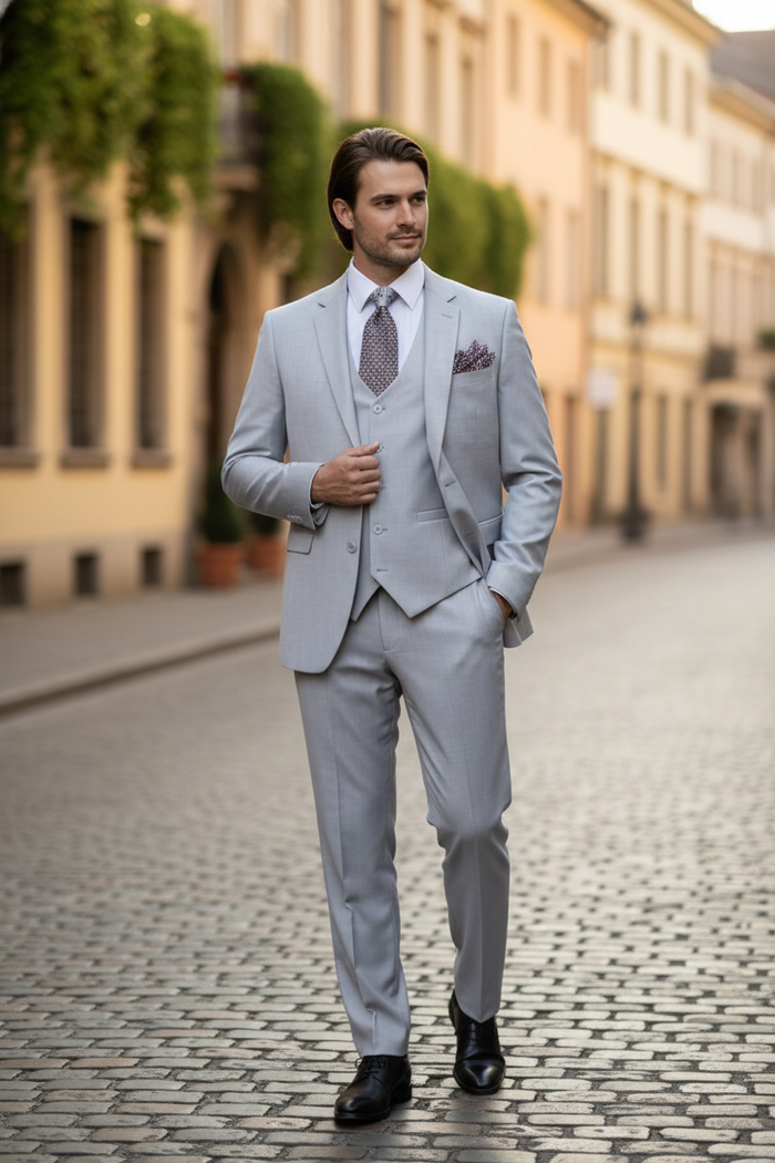 Men’s Very Light Gray Three-Piece  Wedding Suit 2 Buttons Modern or Slim Fit  Ash Off white cream Color Steel Grey