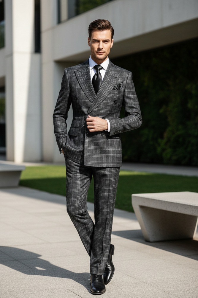 Men’s Charcoal Plaid Double-Breasted Suits –  Tailored Pants Windowpane Pattern By Rossiman