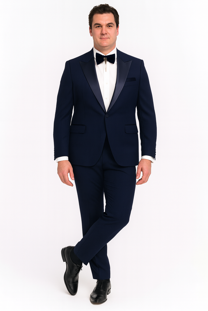 Men’s Navy Blue  Tuxedo with Satin Peak Lapel With Matching Color Lapel Sateen – Formal 2 Piece Suit