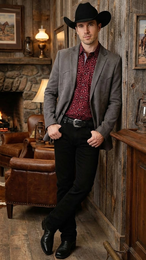 Men’s Charcoal Gray Western Faux Suede Blazer – Double Button Cowboy Jacket for Wedding & Party Wear
