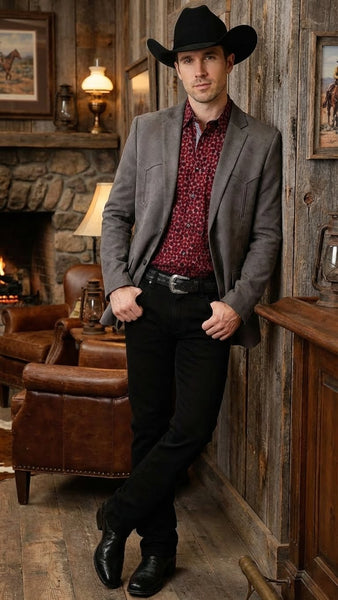 Men’s Charcoal Gray Western Faux Suede Blazer – Double Button Cowboy Jacket for Wedding & Party Wear