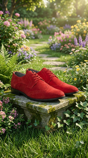 Men’s Red Suede Tuxedo Dress Shoes | Formal Lace-Up Wingtip Shoes for Wedding, Prom & Party - Velvet Shoe