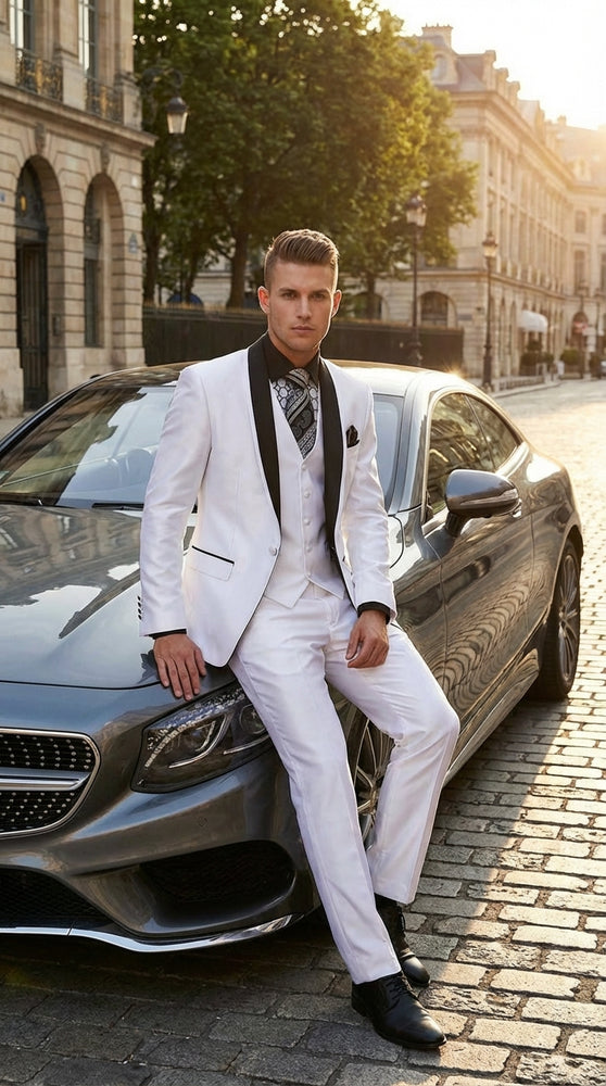 Men’s White Shiny Flashy Fabric Tuxedo Suit with Black Shawl Lapel | Luxury Formal Wedding and Evening Suit Sharkskin Metallic Fabric