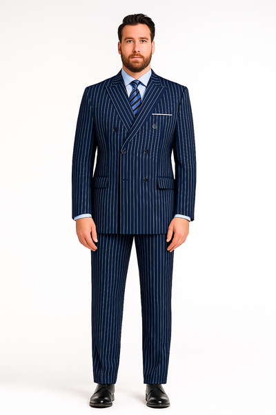 Men’s Royal Blue Pinstripe Double-Breasted Suit – 6-Button Classic Vintage Gangster Style in Indigo Cobalt Blue Pinstripe Color