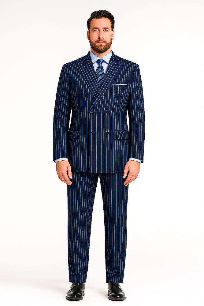 Men’s Royal Blue Pinstripe Double-Breasted Suit – 6-Button Classic Vintage Gangster Style in Indigo Cobalt Blue Pinstripe Color