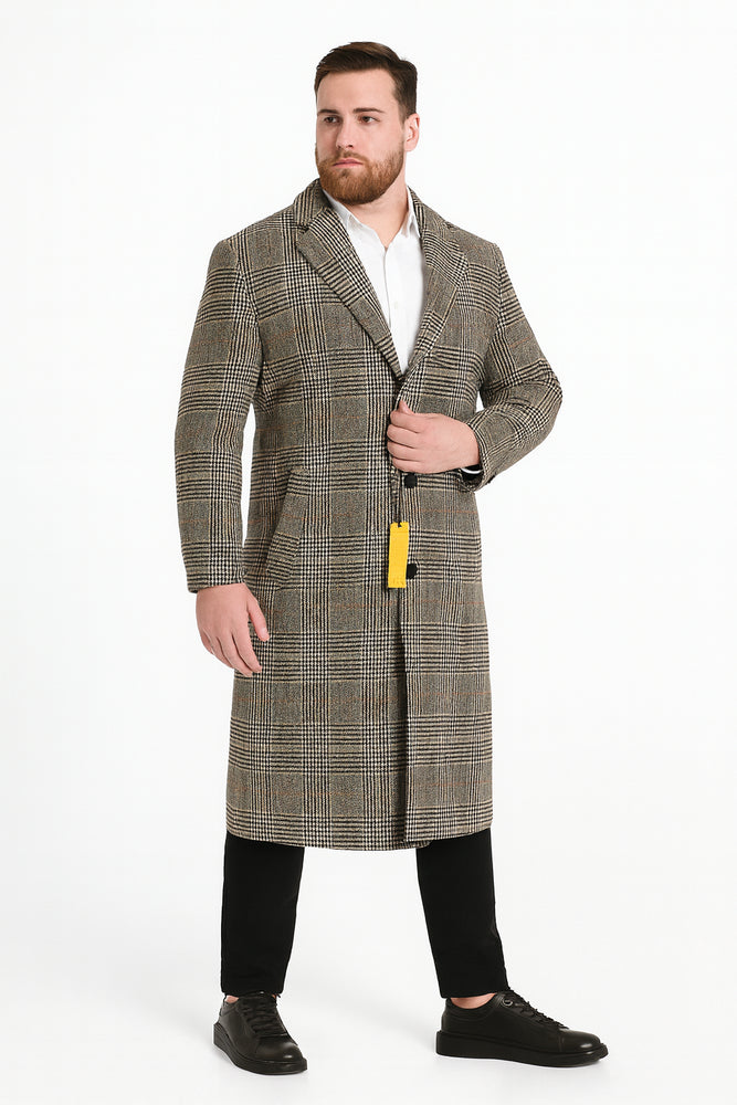 Men’s Full length  Long Plaid Overcoat – Classic Checkered Wool Blend Winter Coat in Gray Color Checkered