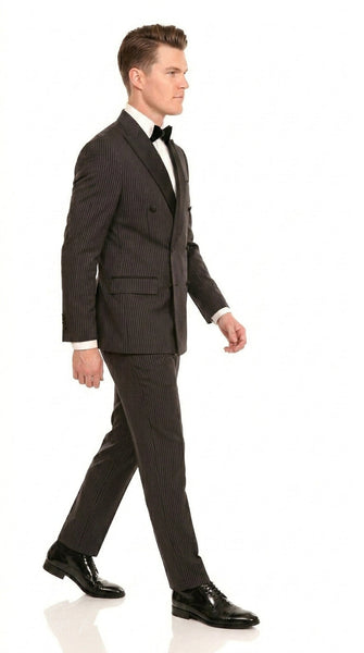 Men’s Double Breasted Suit – Classic Peak Lapel Formal Tuxedo Style Suit for Wedding in Black Ton on Tone Pinstripe