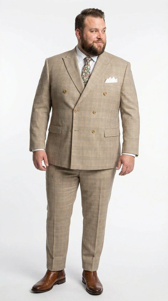 Vinci Men’s Beige Plaid Double Breasted Suit – Classic Checkered Formal Suit Set in Tan Color Windowpane Checkered Pattern