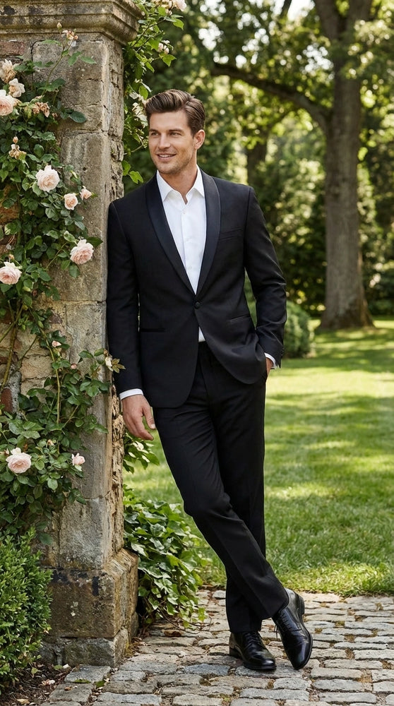 Tiglio Designer Men’s Black Single Button Tuxedo Suit – Formal Black Business and Wedding Suit Shawl Collar  Super 150's Wool Fabric