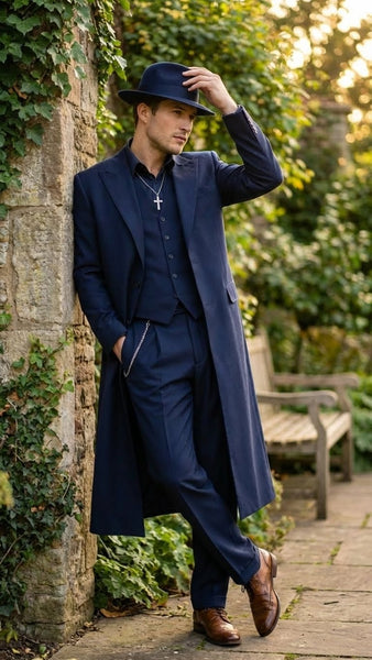 Men’s Navy Blue 1920s Zoot Suit – Long Mafia Gangster Three-Piece Vintage Costume Set Zuit Pachuco Style