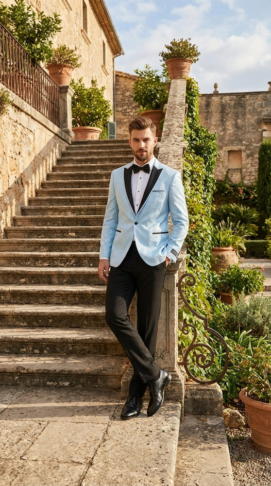Men’s Baby Blue Tuxedo Blazer with Black Lapel – Formal Dinner Jacket for Wedding, Prom and Evening Events  in Sky Light Blue Color