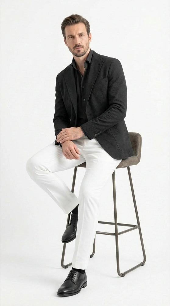 Men’s Black Seersucker Blazer – Textured Two-Button Notch Lapel Formal & Summer Sport Jacket in Black Tone-on-Tone Cotton Fabric