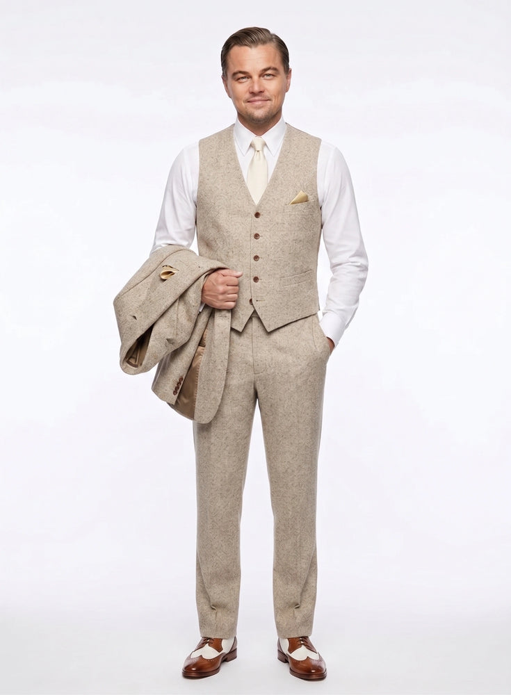 Men’s Light Tan Tweed Great Gatsby 3 Piece Suit – Vintage Vested Wedding Suit, 1920s Classic Formal Outfit Herringbone