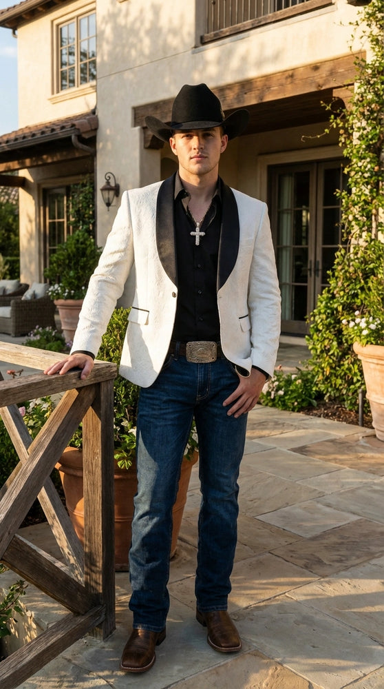 Men’s White Cowboy Blazer with Black Shawl Lapel – Western Formal Jacket for Wedding and Special Events