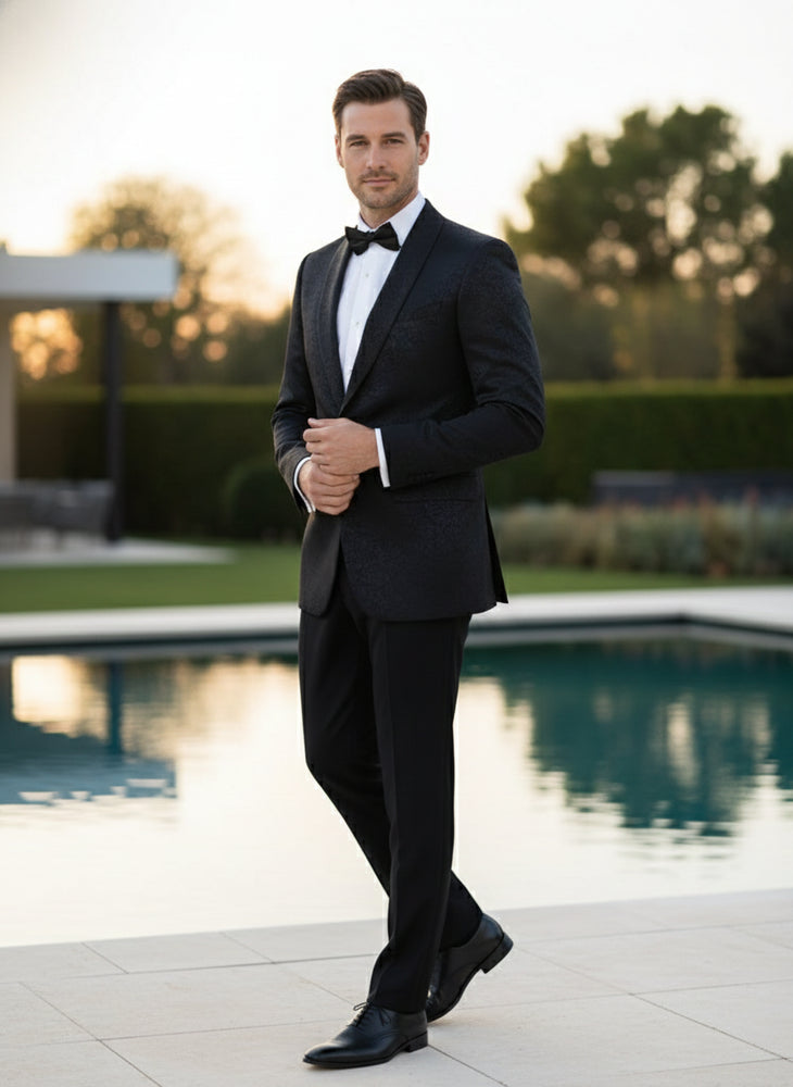 Men’s Black Textured Paisley floral Tuxedo Suit – Premium Slim Fit Formal Wedding, Prom, with Bowtie