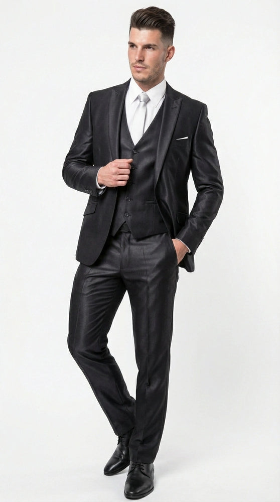 Men’s Black Three Piece Suit – Modern Fit 3PC Formal Suit with Vest for Wedding, Prom and Business Events Sharkskin Shiny Fabric
