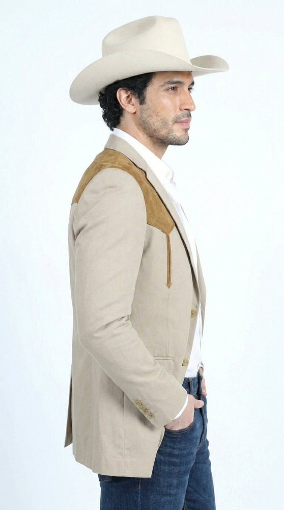 Men’s Khaki Western Blazer with Suede Yokes, Cowboy Sport Coat , Ranch and Country Events in Tan Khaki Color By Platini