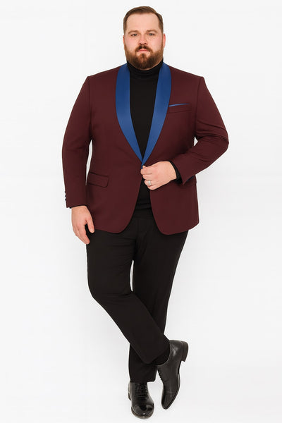 Mens Burgundy Tuxedo Dinner Jacket Blazer with Blue Satin Shawl Lapel  Wedding and Party Jacket