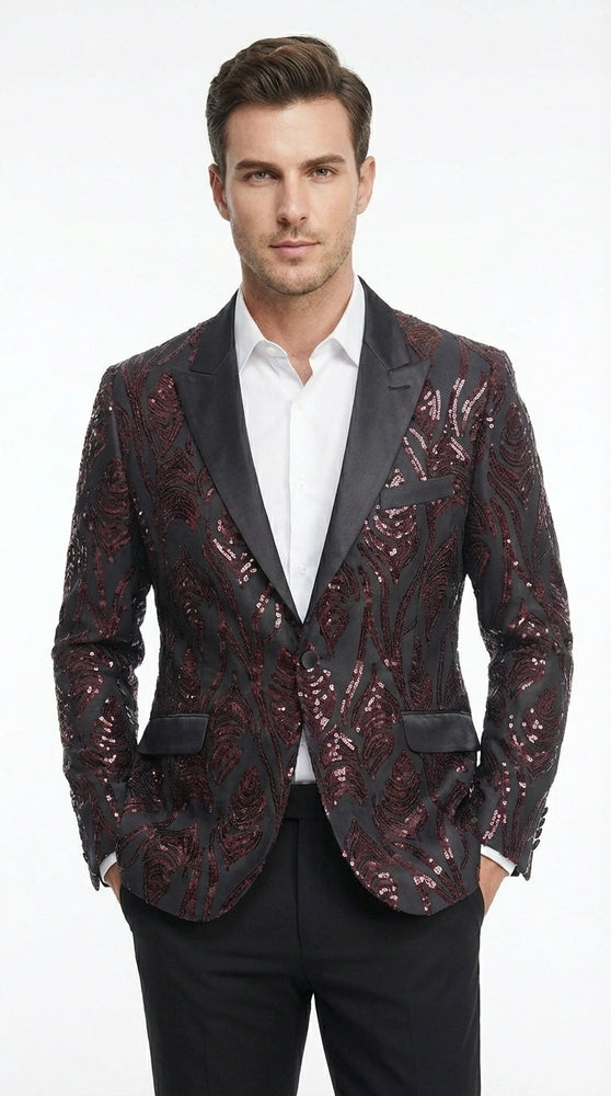 Men’s Black and Burgundy Sequin Blazer – Black Sparkle Sequin Party Blazer with Burgundy Pattern for Prom, Wedding Slim Fitted