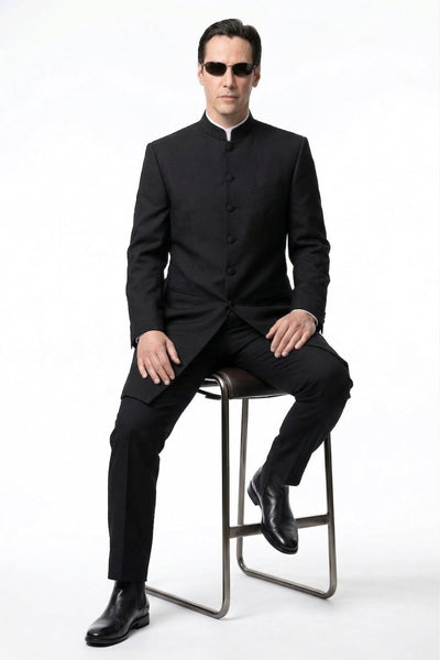 Men’s Black Coat Matrix Keanu Reeves Inspired Long Coat – Classic Mandarin Collar Formal Overcoat, Stylish Winter Trench Coat, Neo Style Jacket