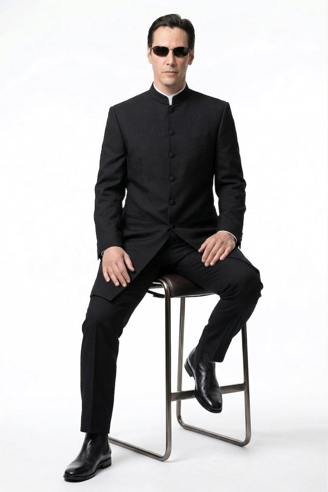 Men’s Black Coat Matrix Keanu Reeves Inspired Long Coat – Classic Mandarin Collar Formal Overcoat, Stylish Winter Trench Coat, Neo Style Jacket