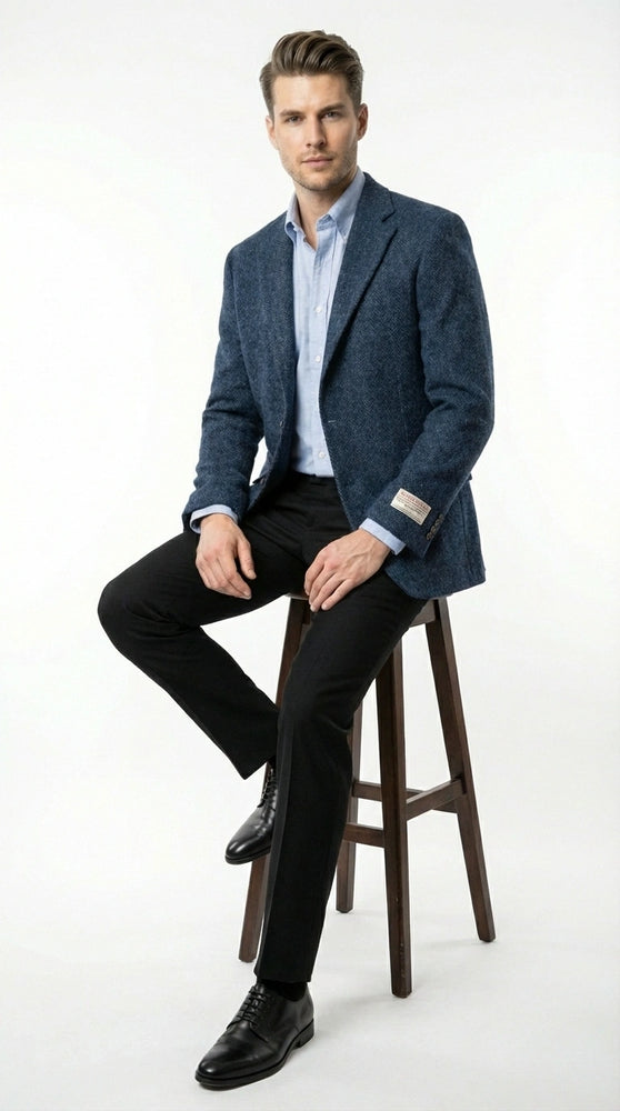 Mens Light Blue Tweed Blazer Sport Coat – Classic Herringbone Jacket Formal Business Casual Smart Outerwear in indigo cobalt blue