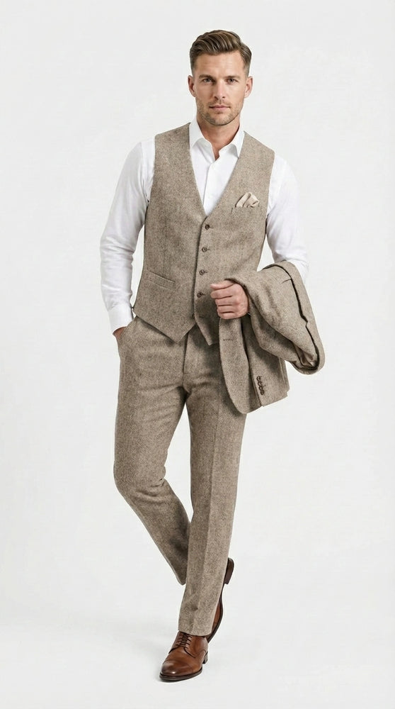 Men’s Light Beige Herringbone Tweed Suit with Vest – Classic Three Piece Formal Suit, Vintage Business Wedding Outfit, Elegant Smart Casual Wear