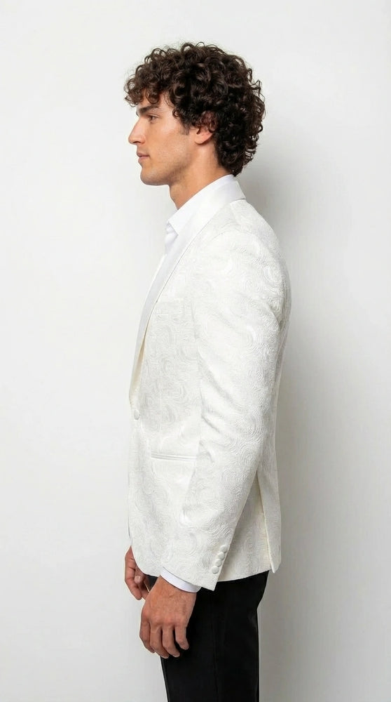 Men’s White Paisley Disco Blazer 1980s Style Jacket – Shawl Lapel Formal Party Blazer, Elegant Masquerade Club Wear, Stylish Evening Outfit