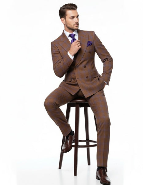 Men’s Brown Plaid Double-Breasted Suit – Premium 2-Piece Classic Checkered Windowpane Suit by Rossiman