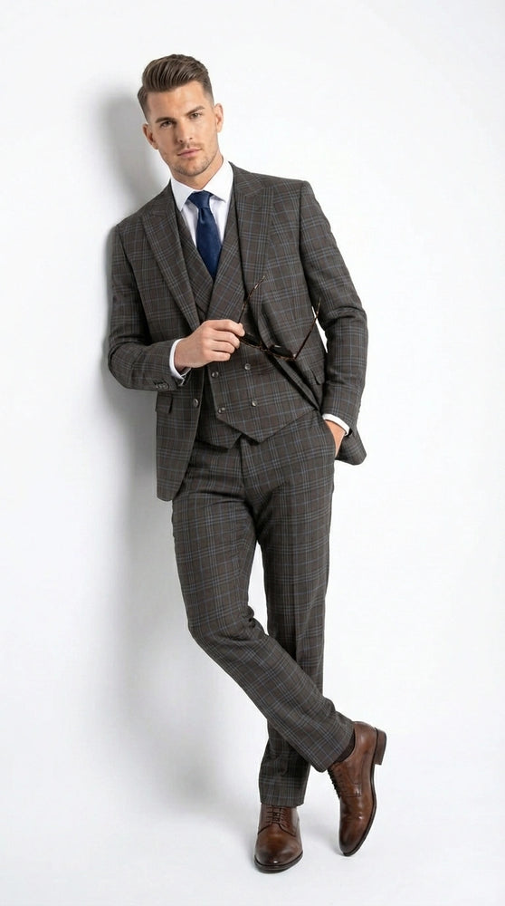 Vitali Men’s Brown Grey with Blue Check 3 Piece Suit – Classic Plaid Formal Suit Set with Blazer, Vest & Trousers, Business Wedding Party Wear for Men Slim Fit