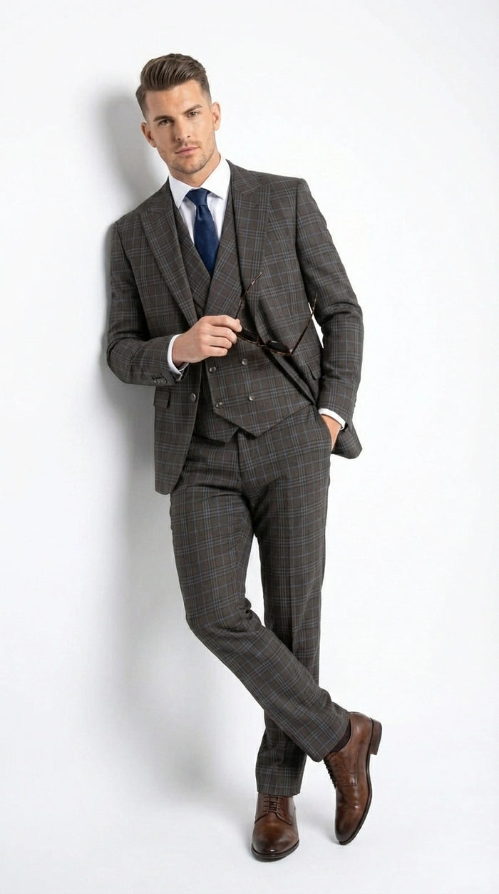 Vitali Men’s Brown Grey with blue Check 3 Piece Suit – Classic Plaid Formal Suit Set with Blazer, Vest & Trousers, Business Wedding Party Wear for Men Modern Fit