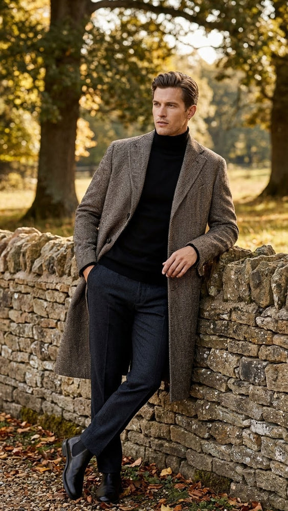 Men’s Black & Grey  Herringbone Tweed Wool Blend Overcoat – Classic Single-Breasted Winter Blazer Carcoat